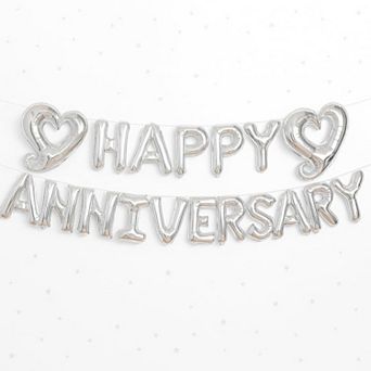 Silver Happy Anniversary Letter Balloons Set 18 Inch Banner And Heart Balloons Party Decoration