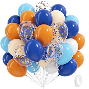 60 pc Blue and Orange 12 Inch Latex Balloons with Confetti for Baby Shower Graduation Decor