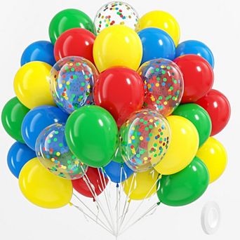 60 pc Red Yellow Blue Green Latex Balloons with Confetti for Baby Shower Carnival Party Decor
