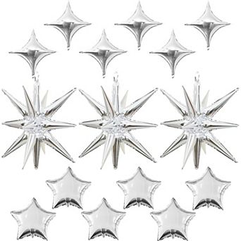 15 pc Silver Star Foil Balloons Set 22 and 10, 4-Point Stars