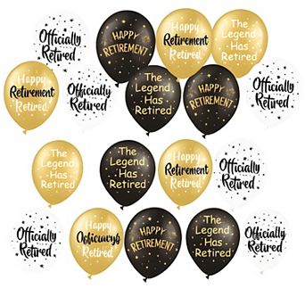 18 pc Happy Retirement 12 Inch Black Gold and White Balloons for Party Decorations