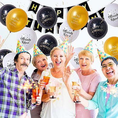 18 Pcs Happy Retirement 12 Inch Black Gold and White Balloons for Party Decorations