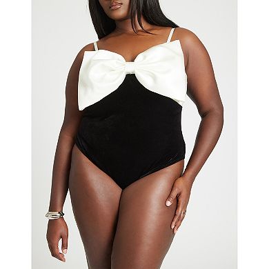 ELOQUII Women's Plus Size Contrast Bow Bodysuit