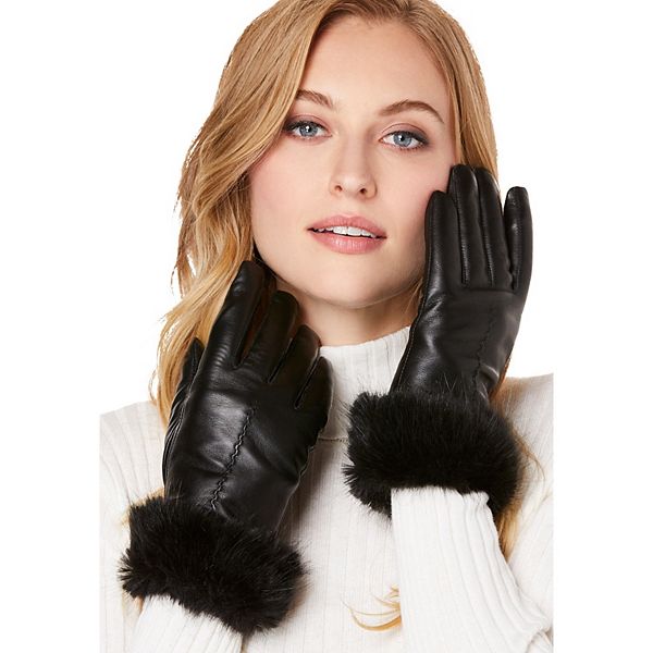 Women's Faux Fur Leather Gloves by Jessica London in Black (Size 8)