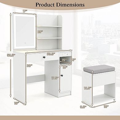 Costway Vanity Desk Set with Mirror & Lights Power Outlet Cushioned Stool Drawer & Shelves