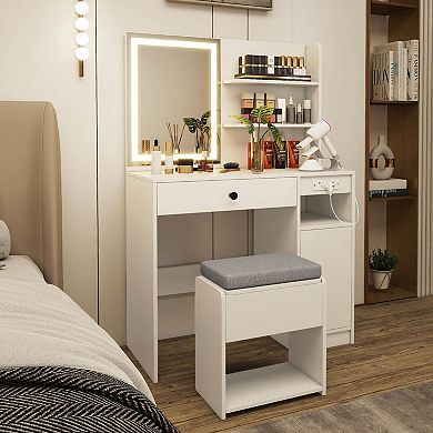 Costway Vanity Desk Set with Mirror & Lights Power Outlet Cushioned Stool Drawer & Shelves