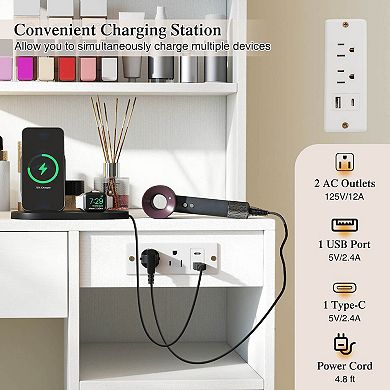 Costway Vanity Desk Set with Mirror & Lights Power Outlet Cushioned Stool Drawer & Shelves