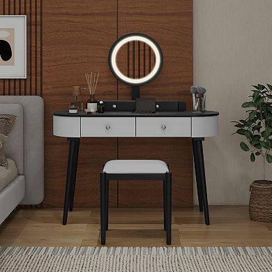 Costway Solid Wood Makeup Vanity Desk Set with LED Lighted Mirror Drawers Cushioned Stool