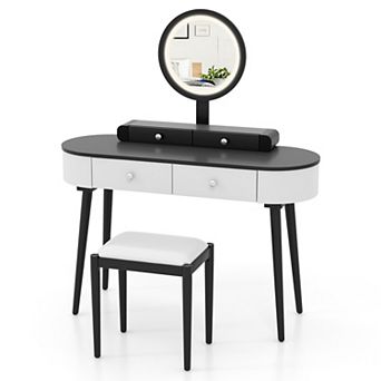Costway Solid Wood Makeup Vanity Desk Set with LED Lighted Mirror Drawers Cushioned Stool