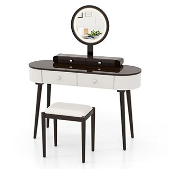 Costway Solid Wood Makeup Vanity Desk Set with LED Lighted Mirror Drawers Cushioned Stool