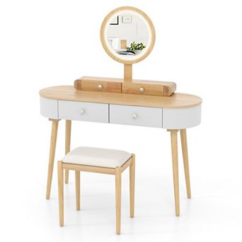 Costway Solid Wood Makeup Vanity Desk Set with LED Lighted Mirror Drawers Cushioned Stool