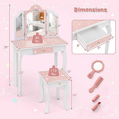 Costway Kids Vanity Set Toddler Makeup Table & Stool with Tri-folding Mirror Drawer