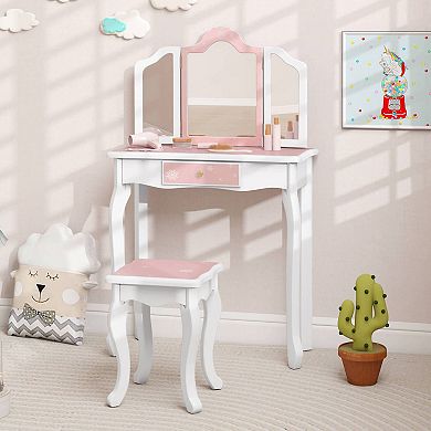 Costway Kids Vanity Set Toddler Makeup Table & Stool with Tri-folding Mirror Drawer