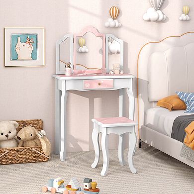Costway Kids Vanity Set Toddler Makeup Table & Stool with Tri-folding Mirror Drawer