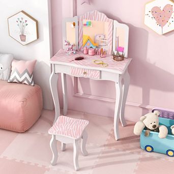 Costway Kids Vanity Set Toddler Makeup Table & Stool with Tri-folding Mirror Drawer