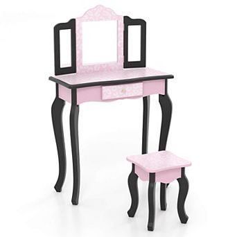 Costway Kids Vanity Set Toddler Makeup Table & Stool with Tri-folding Mirror Drawer