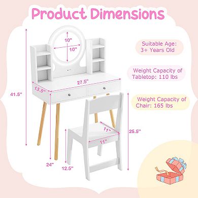Costway Kids Vanity Set Princess Vanity Desk Set with 2-Color LED Lighted Acrylic Mirror