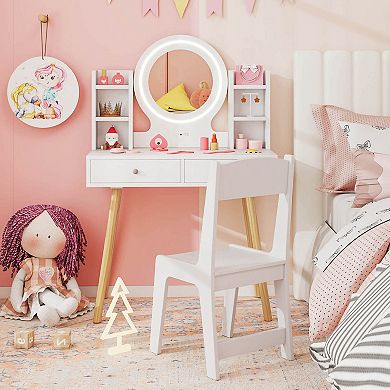 Costway Kids Vanity Set Princess Vanity Desk Set with 2-Color LED Lighted Acrylic Mirror