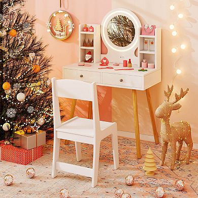 Costway Kids Vanity Set Princess Vanity Desk Set with 2-Color LED Lighted Acrylic Mirror