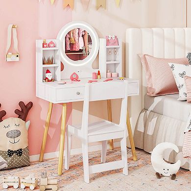Costway Kids Vanity Set Princess Vanity Desk Set with 2-Color LED Lighted Acrylic Mirror