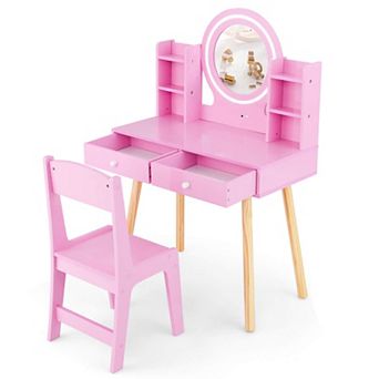 Costway Kids Vanity Set Princess Vanity Desk Set with 2-Color LED Lighted Acrylic Mirror