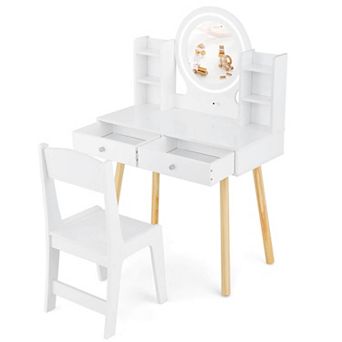 Costway Kids Vanity Set Princess Vanity Desk Set with 2-Color LED Lighted Acrylic Mirror