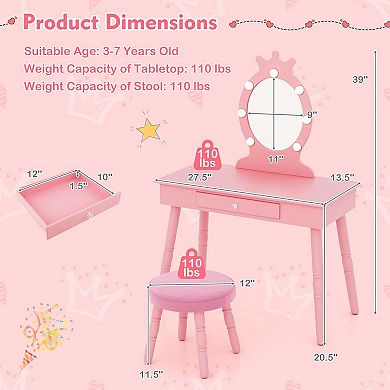 Costway Kids Vanity Set Princess Vanity Table & Chair Set with Lighted Mirror