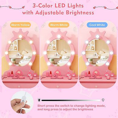 Costway Kids Vanity Set Princess Vanity Table & Chair Set with Lighted Mirror