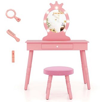 Costway Kids Vanity Set Princess Vanity Table & Chair Set with Lighted Mirror