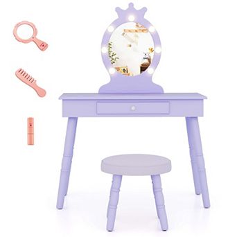 Costway Kids Vanity Set Princess Vanity Table & Chair Set with Lighted Mirror