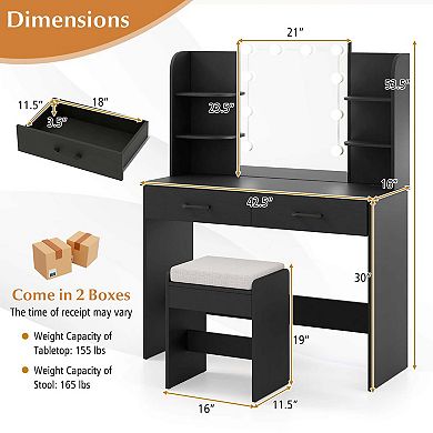 Costway Makeup Vanity Desk with Lighted Mirror Charging Station 3-Color Dimmable LED Lights