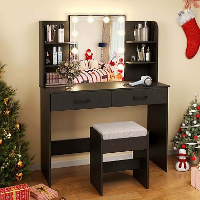 Costway Makeup Vanity Desk with Lighted Mirror Charging Station 3-Color Dimmable LED Lights