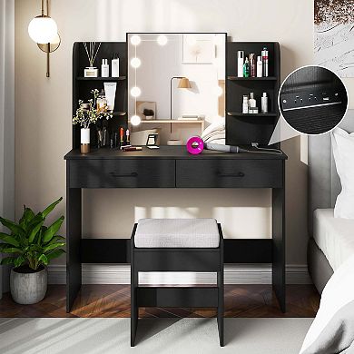 Costway Makeup Vanity Desk with Lighted Mirror Charging Station 3-Color Dimmable LED Lights