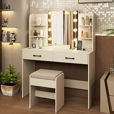 Costway Makeup Vanity Desk with Lighted Mirror Charging Station 3-Color Dimmable LED Lights