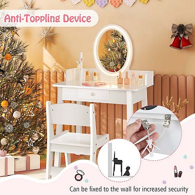 Costway Kids Vanity Set with Lighted Mirror Chair 2-Color LED Lighting for Girls Makeup