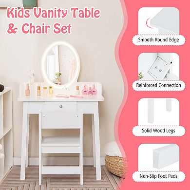 Costway Kids Vanity Set with Lighted Mirror Chair 2-Color LED Lighting for Girls Makeup