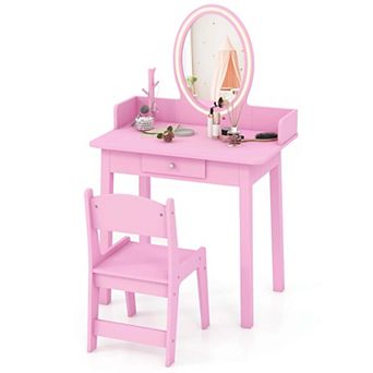 Costway Kids Vanity Set with Lighted Mirror Chair 2-Color LED Lighting for Girls Makeup