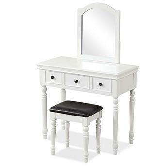 Costway Vanity Table Set Makeup Desk Cushioned Stool 3 Drawer Large Mirror White