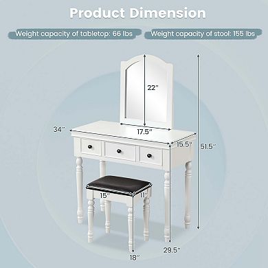 Costway Vanity Table Set Makeup Desk Cushioned Stool 3 Drawer Large Mirror White