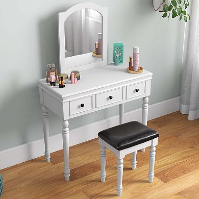 Costway Vanity Table Set Makeup Desk Cushioned Stool 3 Drawer Large Mirror White