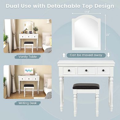 Costway Vanity Table Set Makeup Desk Cushioned Stool 3 Drawer Large Mirror White