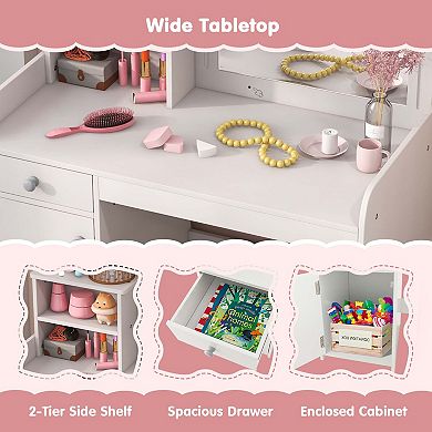 Costway Kid Vanity Table Chair Set 2-Color LED Lights Large Drawer Shelf Cabinet