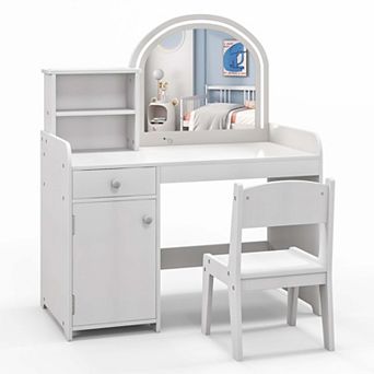 Costway Kid Vanity Table Chair Set 2-Color LED Lights Large Drawer Shelf Cabinet