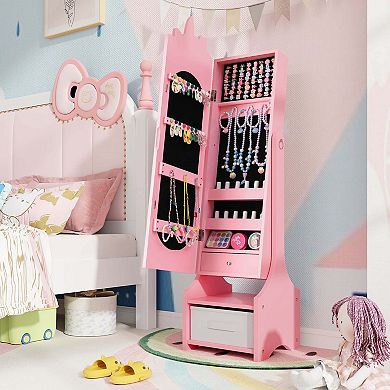 Costway Kids Vanity Set Princess Makeup Dressing Table & Chair Set with Kids Jewelry Armoire