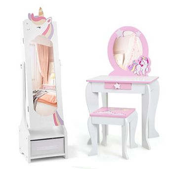 Costway Kids Vanity Set Princess Makeup Dressing Table & Chair Set with Kids Jewelry Armoire