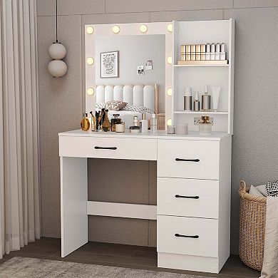 Costway Makeup Vanity Desk with Mirror and Lights Charging Station 3-Color LED Lights