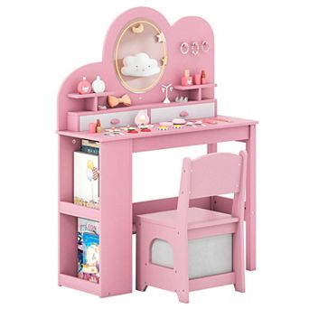 Costway Kids Vanity with Lights, 2 Drawers & 2 tier Bookshelf, 3 Hooks & 2 Open Shelves