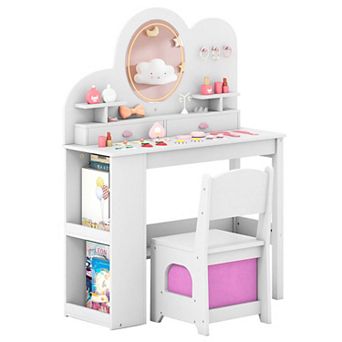 Costway Kids Vanity with Lights, 2 Drawers & 2 tier Bookshelf, 3 Hooks & 2 Open Shelves