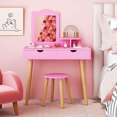 Costway Kid Vanity Table Chair Set with Mirror Large Storage Drawers Wooden Legs