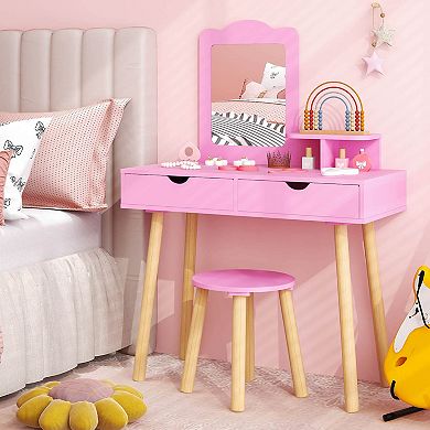 Costway Kid Vanity Table Chair Set with Mirror Large Storage Drawers Wooden Legs